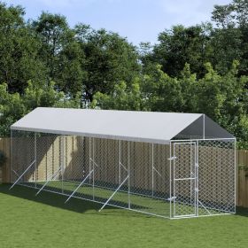 Outdoor Dog Kennel Silver Galvanized Steel, Polyethylene